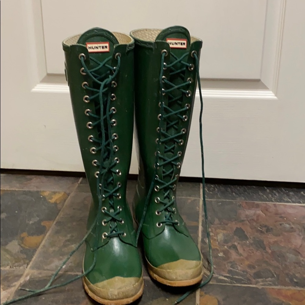 Green lace up Hunter rain boots